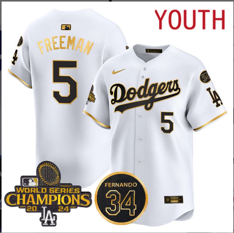 Youth  MLB Los Angeles Dodgers #5 Freeman white 2024 World Series Champions Patch Limited Jersey style 4